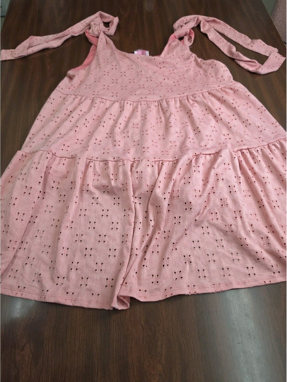NWT Pink Lily Pink Eyelet Tiered Dress Medium Tie Straps Cottagecore Summer Cute